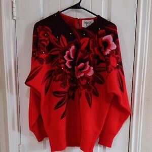 Vtg Red Floral Beads & Crystals Lambswool & Angora Sweater